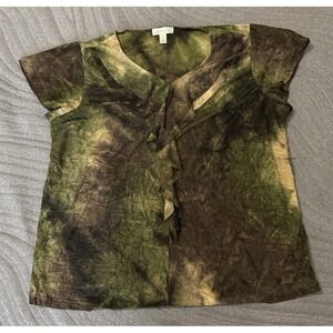 Dressbarn‎ Burnout T-Shirt Green Top Y2K Fairy Grunge Whimsy 2X Tie Dye Ruffle